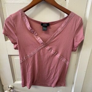 Women's Pink Lace-Trim Ribbed V-Neck Top